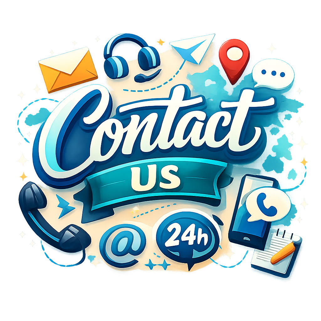 Contact Us text surrounded by icons of email, headset, paper plane, location pin, speech bubble, telephone, at symbol, 24-hour chat, smartphone, and notepad